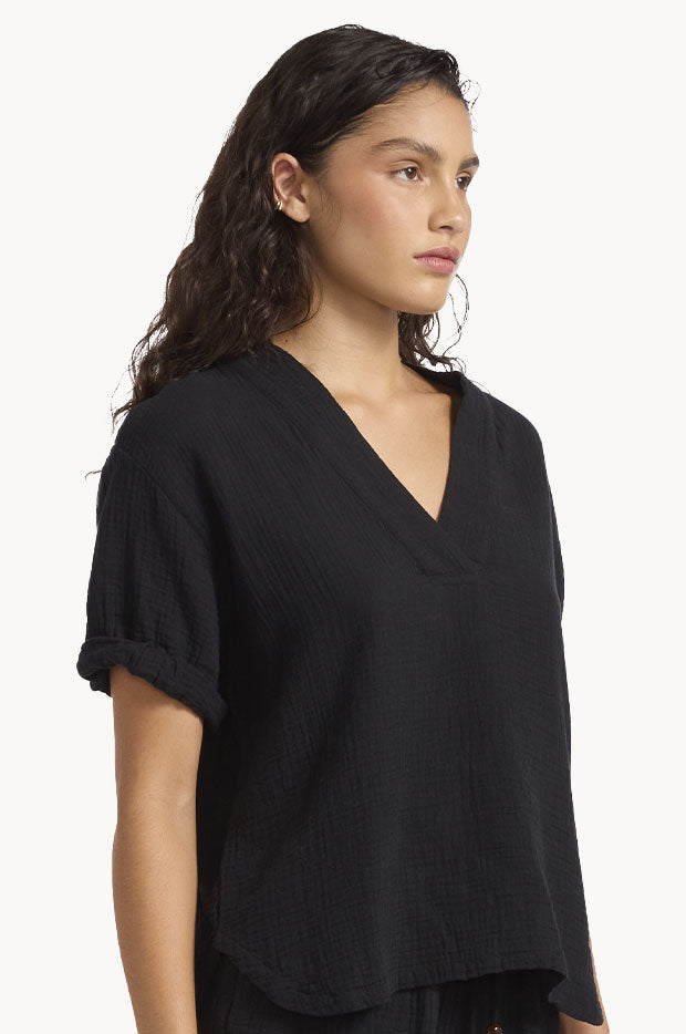 Double Gauze V Neck Top