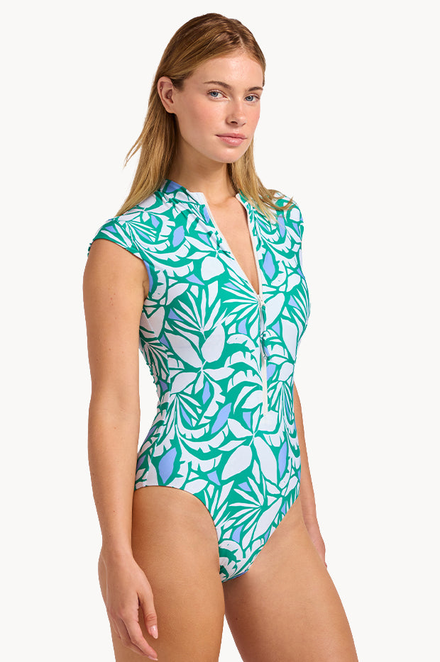 Retro Reef Cap Sleeve Zip Front One Piece