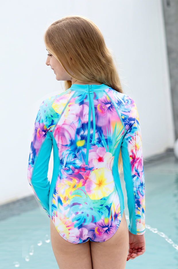 Girls Tropical Haze Long Sleeve Sunsuit
