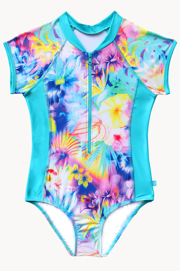 Girls Tropical Haze Short Sleeve Sunsuit