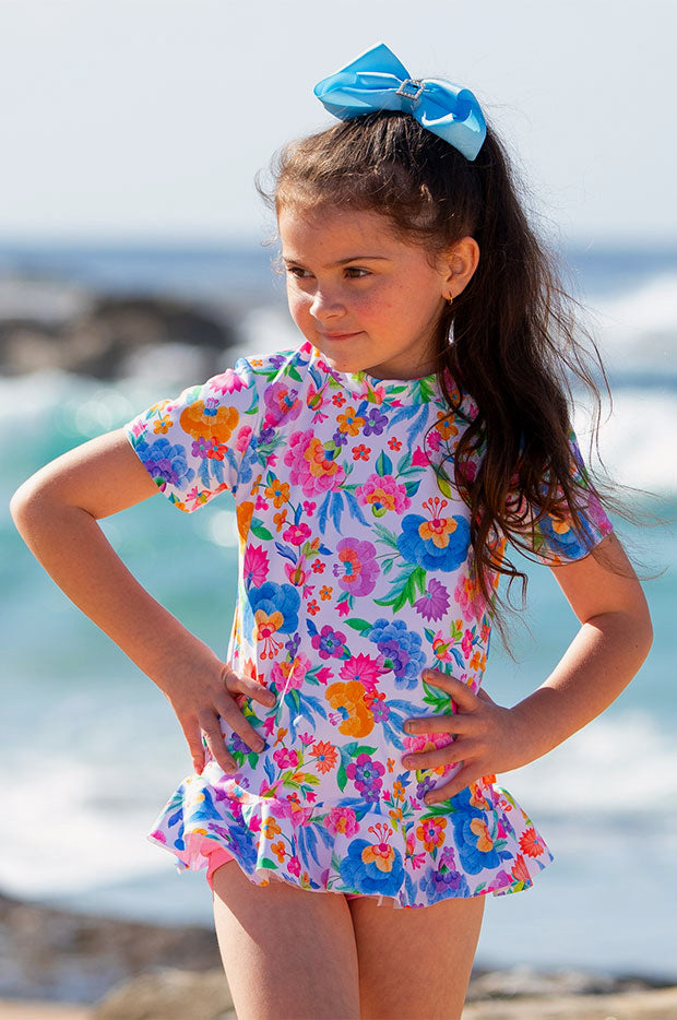 Salty Ink - Girls Miss Leilani Short Sleeve Suntop Set - White/Multi