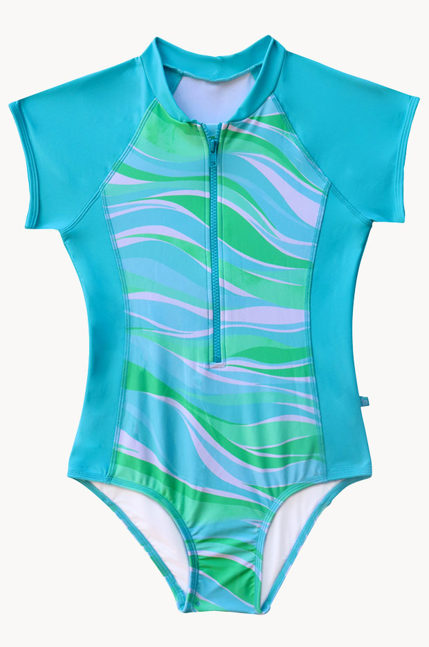 Girls Coastal Wave Short Sleeve Sunsuit