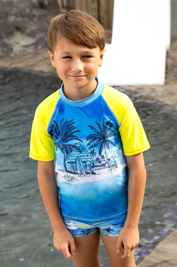 Salty Ink - Boys Shipwrecked Short Sleeve Suntop - Blue/Yellow