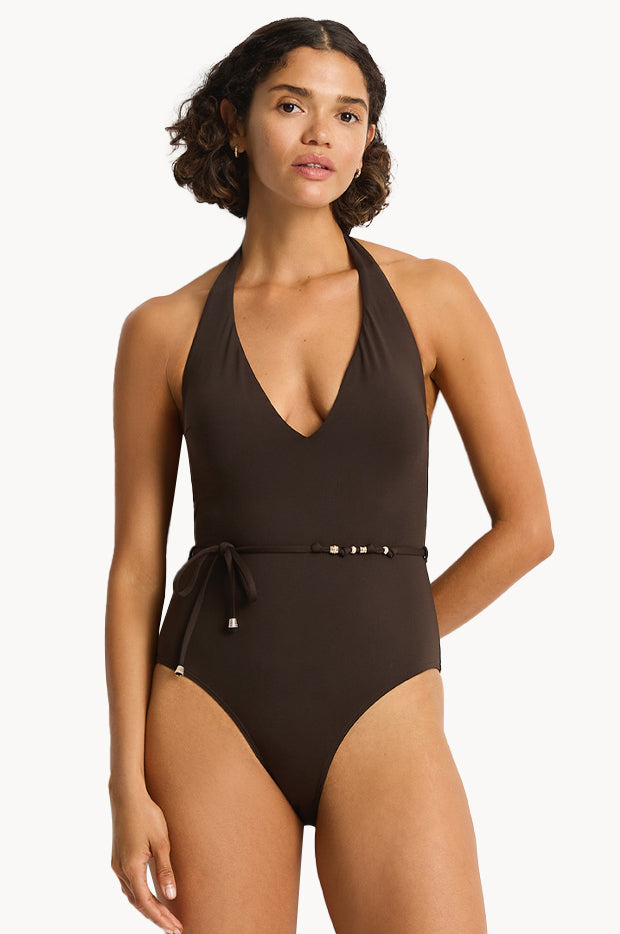 De Luxe V Neck Halter One Piece