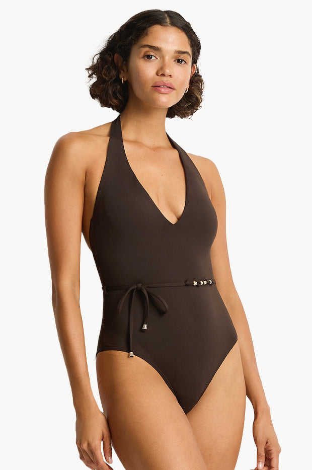De Luxe V Neck Halter One Piece