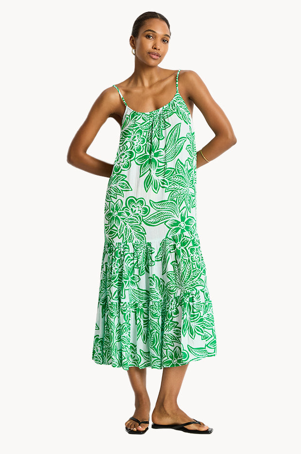 Palmera Resort Tiered Midi Sundress, Green / XS Palmera Resort Tiered Midi Sundress, Green / XS