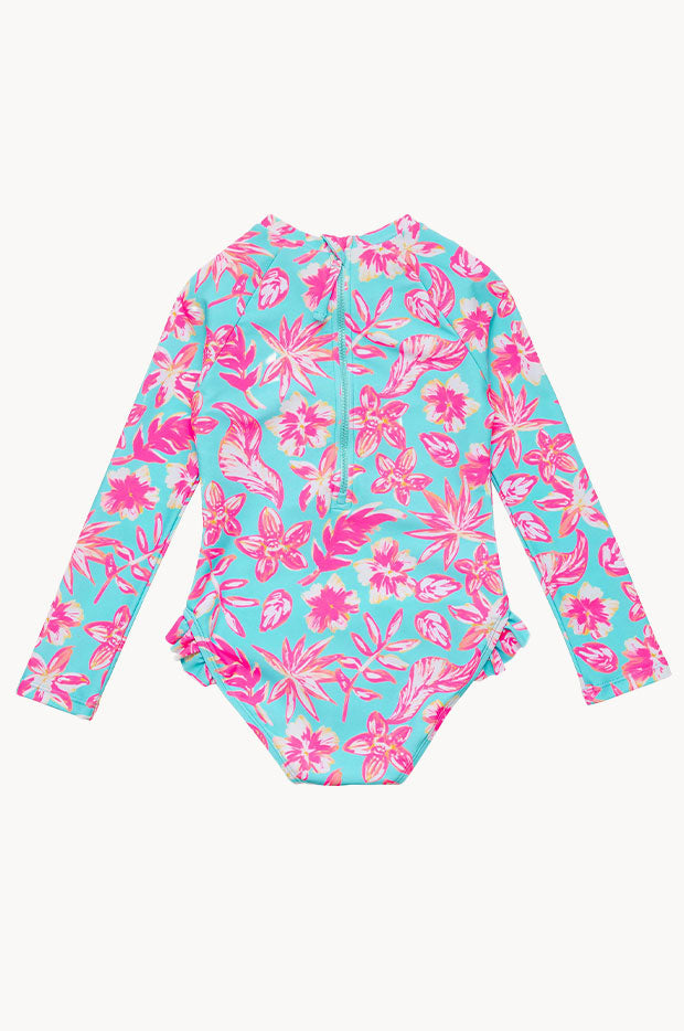 Snapper Rock - Girls Tropical Glow Sunsuit - Blue/Pink | Swimwear Galore AU