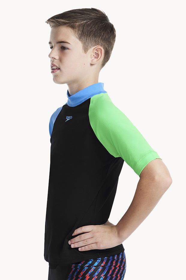 Speedo Boys Short Sleeve Suntop Black/Blue Swimwear Galore US