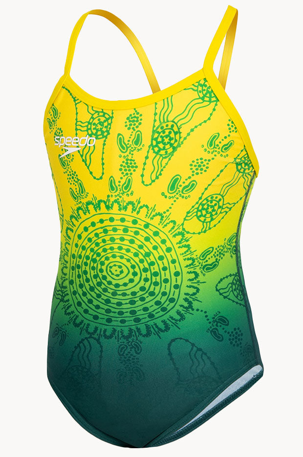 Speedo - Girls Aus Replica Printed One Piece - Green/Yellow | Swimwear ...