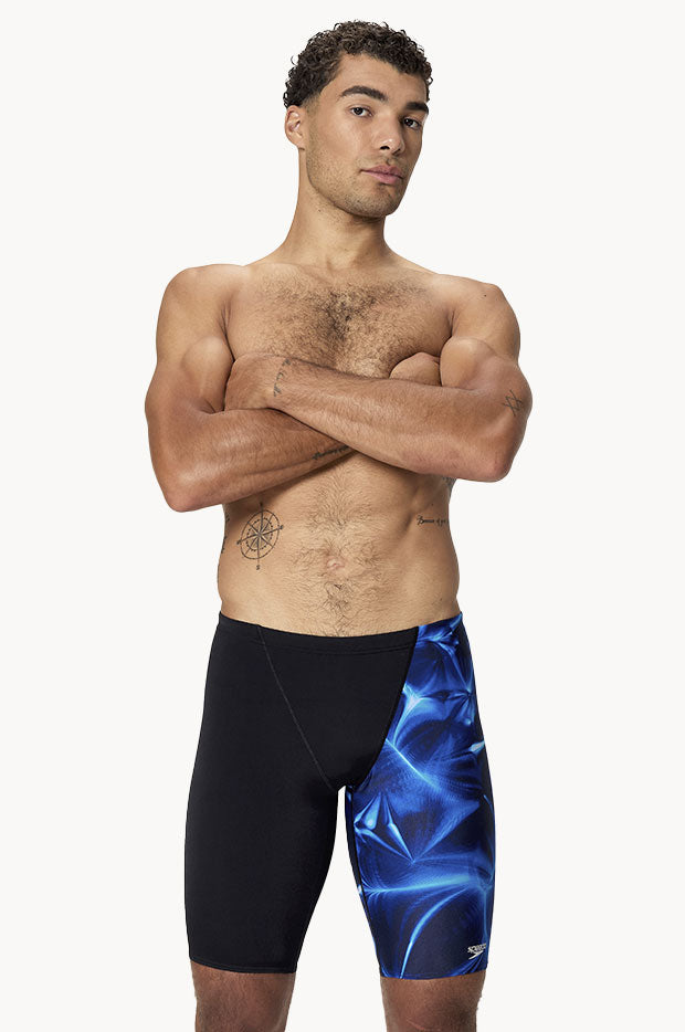Speedo - Mens Print V-Cut Jammer - Black/Blue | Swimwear Galore US