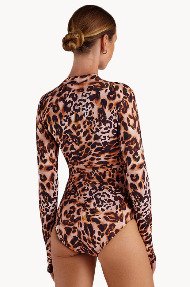 Leopardo Ruched Long Sleeve Sunsuit