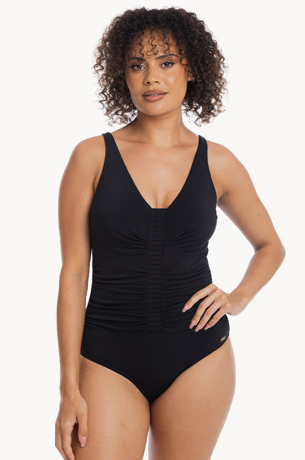 Plain Ruched V Neck One Piece