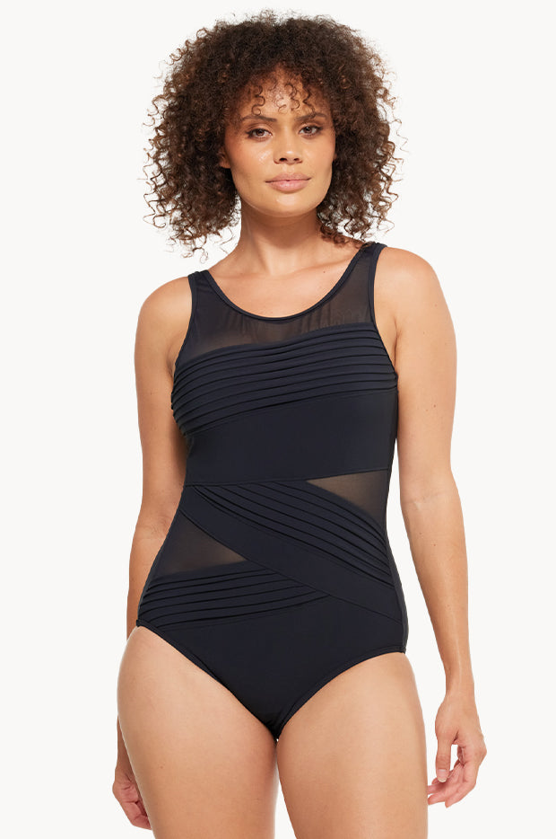 Plain Mesh Pleated High Neck One Piece