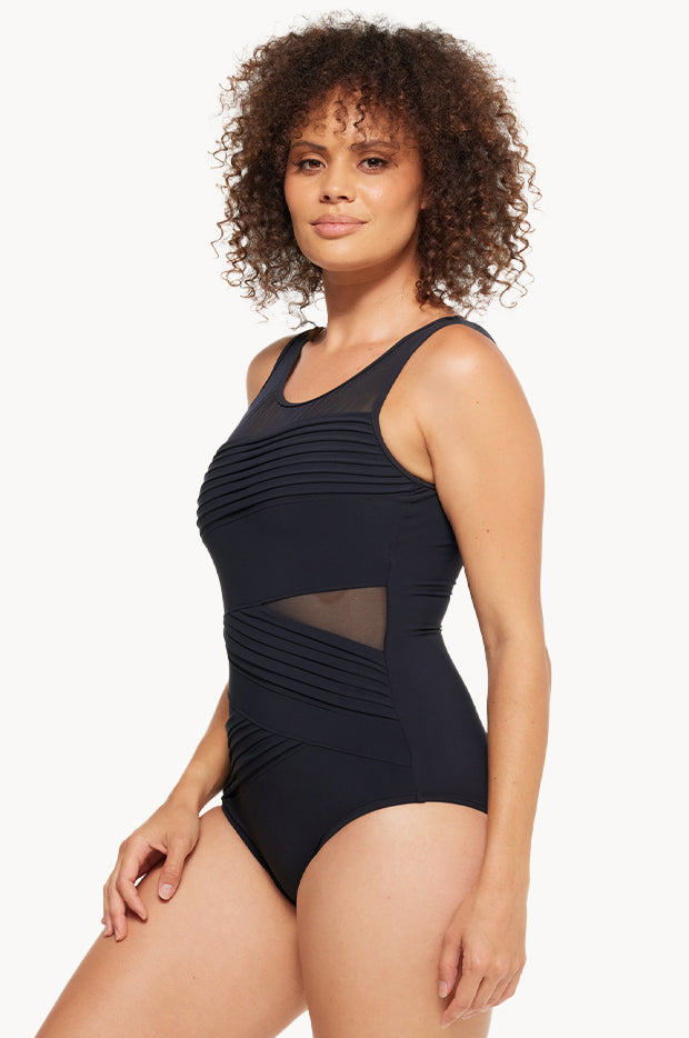 Plain Mesh Pleated High Neck One Piece