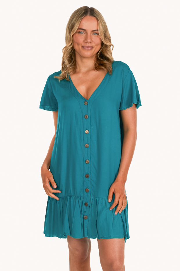 Plain Cap Sleeve Button Dress