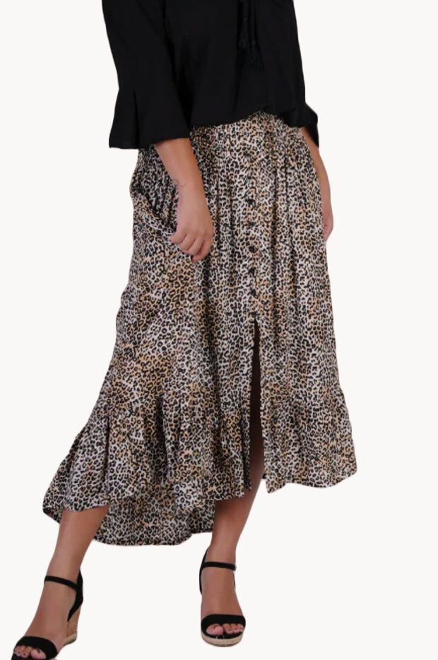 Cheetah Ruched Button Maxi Skirt