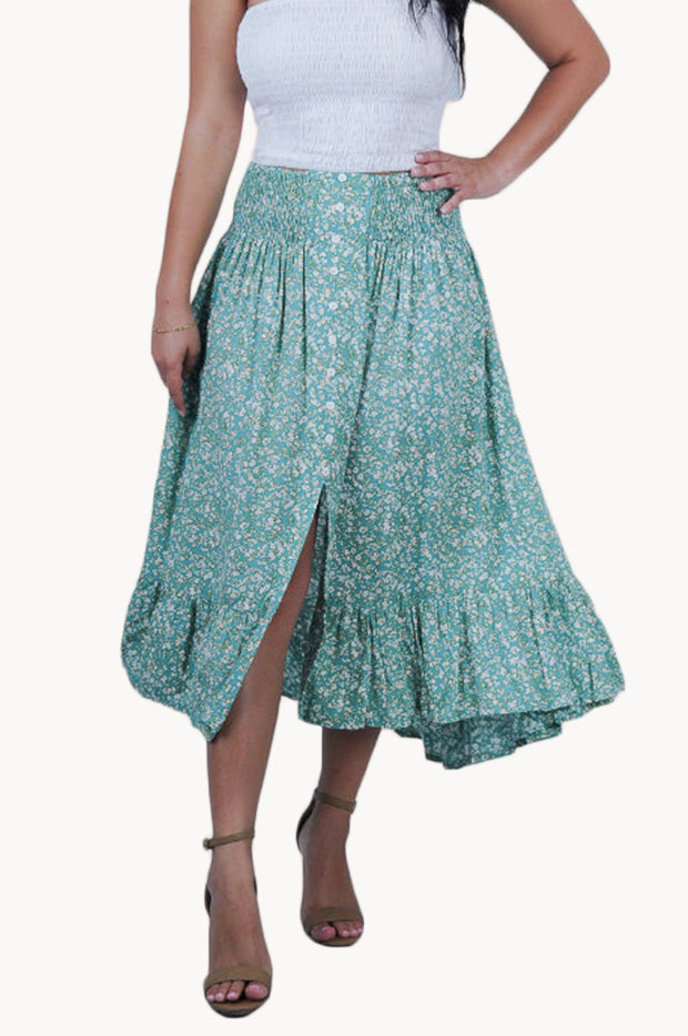 Ditsy Autumn Ruched Button Maxi Skirt