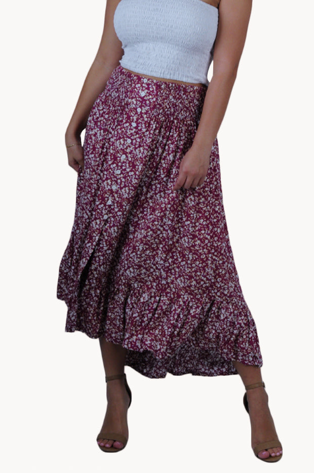 Ditsy Autumn Ruched Button Maxi Skirt