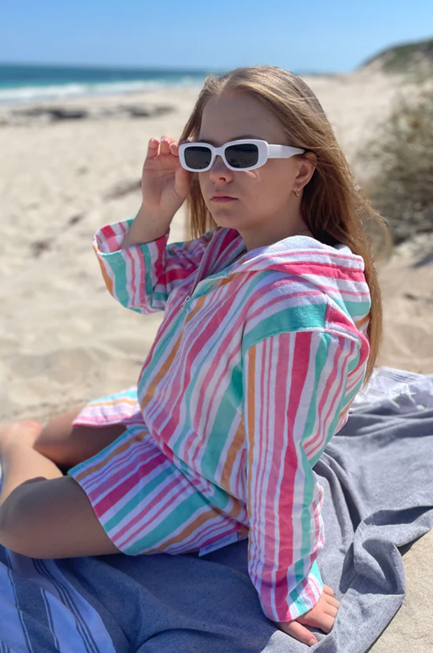 Back Beach Co - Kids Hawaiian Stripe Hooded Towel Robe 5-7Y - White/Multi