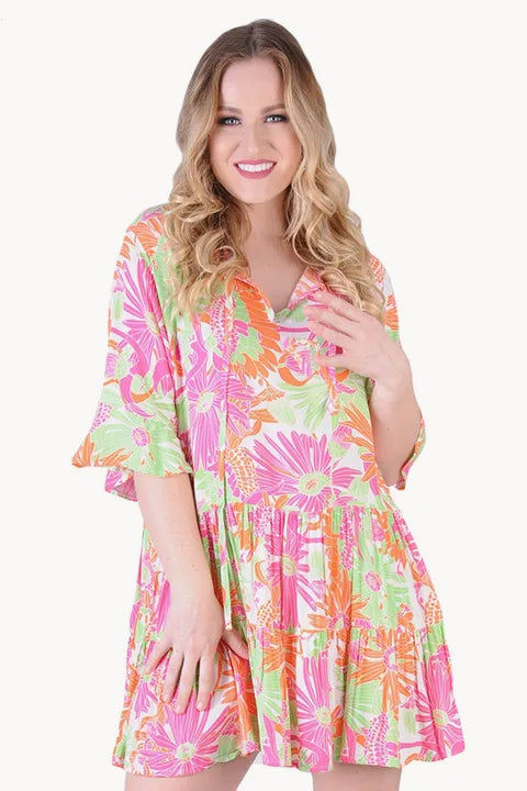 Tropical V Neck Smock Dress