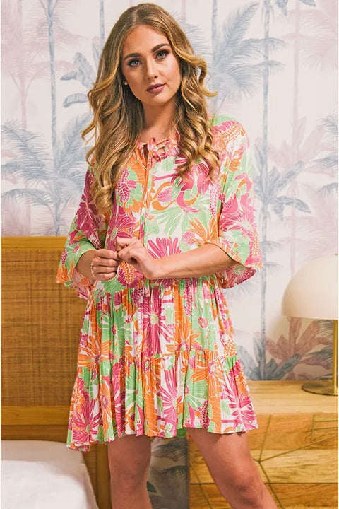 Tropical V Neck Smock Dress